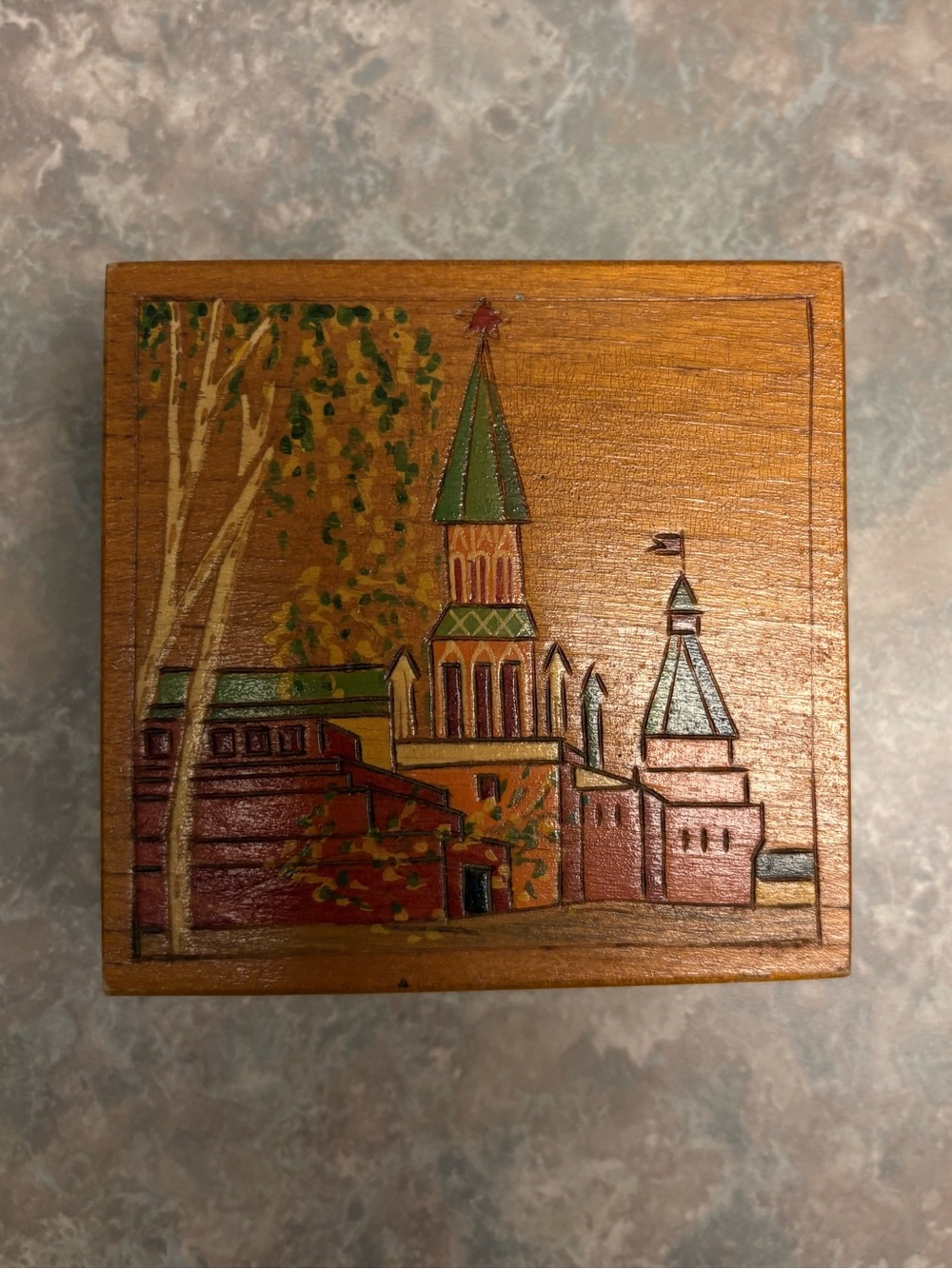Vintage Square Wooden Trinket Box Hand Carved Lid Russian Soviet Pyrography